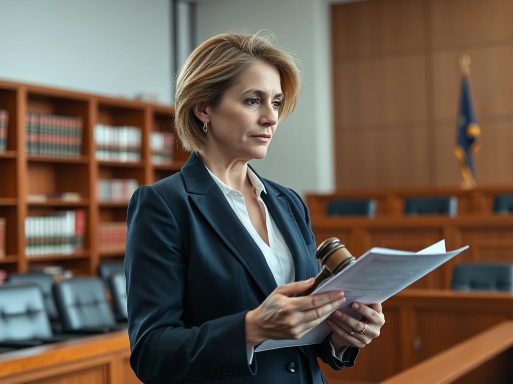 **AI Image Generation Prompt:**

Create a realistic high-resolution photo that visually represents the concept of a lay witness and an expert witness in a litigation setting. The composition should feature a solitary, confident attorney standing in a modern, well-lit courtroom, engaged in deep thought as they review documents. The attorney, a middle-aged woman with a professional demeanor, is dressed in a smart navy suit. 

The background should include elements of a courtroom, such as a wooden judge's benc