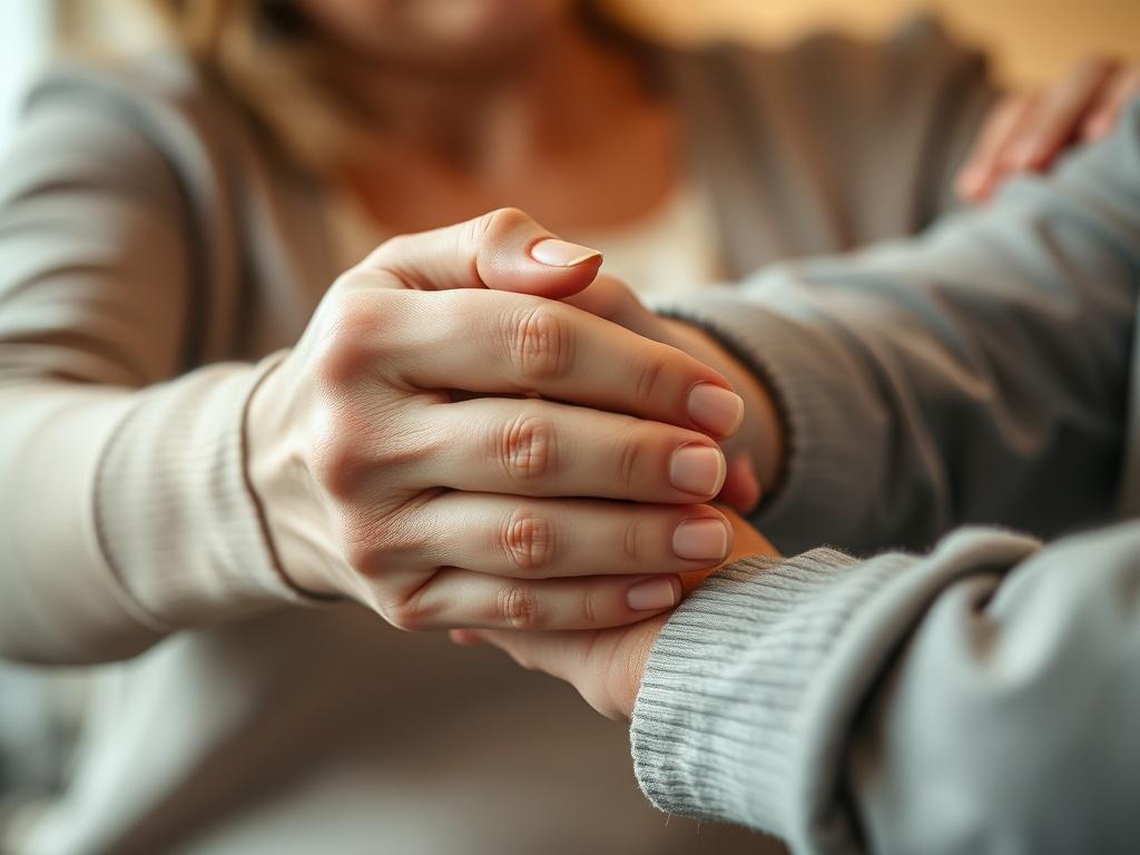Create a realistic high-resolution close-up photo of a compassionate middle-aged professional woman gently holding the hand of an elderly person. The focus is on the hands, captured with a 45mm f/1.2 lens style, highlighting the connection and care between them. The background is softly blurred with warm tones in rgb(240, 208, 124), conveying a calm and supportive environment without distractions. The composition is simple and clear, emphasizing the theme of elder abuse prevention by visually representing t
