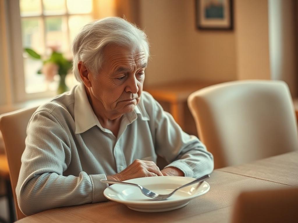 Create a realistic high-resolution photo that captures the essence of a blog titled "Evaluating Dietary Neglect in Elder Care Litigation: The Evidentiary Battle." The image should feature a single subject: an elderly person seated at a well-lit dining table, looking thoughtfully at an empty plate with a fork resting beside it. Their expression should convey a sense of concern and contemplation regarding the importance of nutrition in elder care.

In the background, include a softly blurred setting that sugg