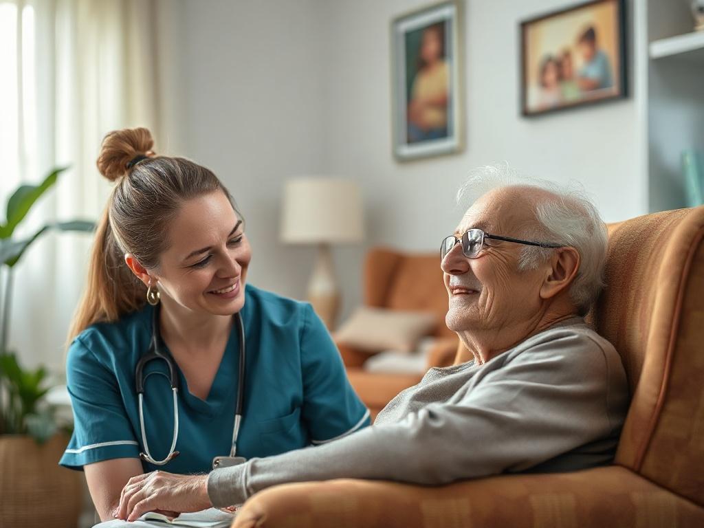 Generate a realistic high-resolution photo depicting the concept of "High-Acuity Care in Assisted Living." The image should feature a compassionate healthcare professional, preferably a nurse or caregiver, engaged in a one-on-one interaction with an elderly patient. The caregiver should be focused and attentive, demonstrating care and understanding. The elderly patient, ideally seated in a comfortable armchair, should exhibit a calm and trusting expression, surrounded by elements that reflect a cozy assiste