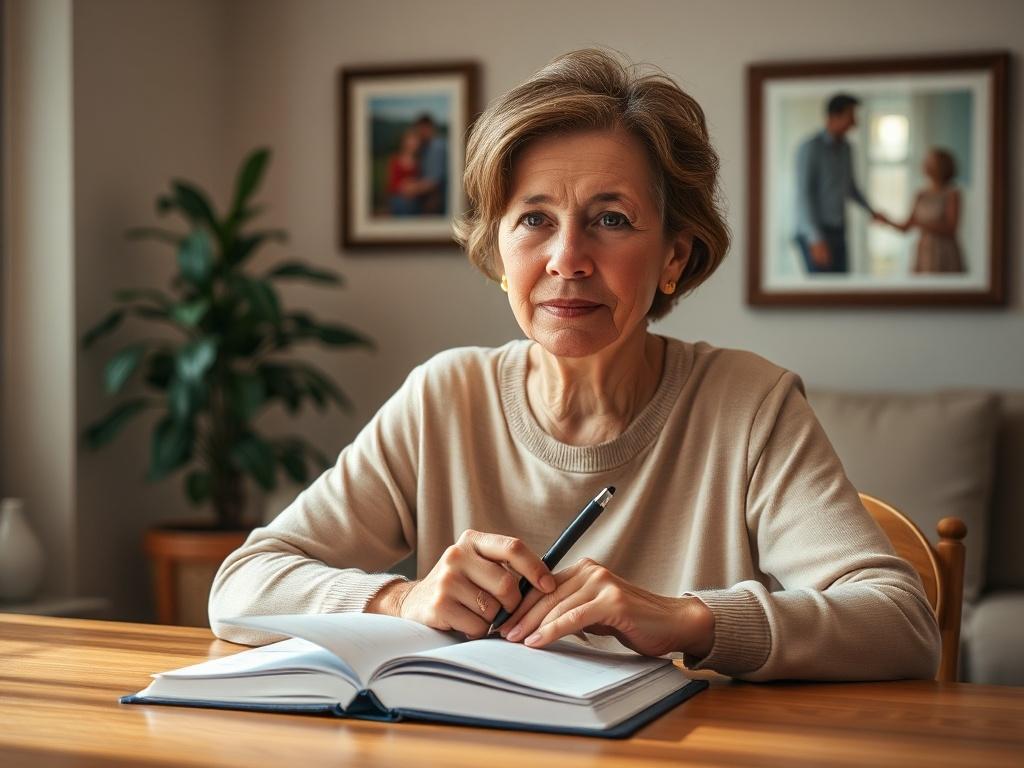 Create a realistic high-resolution photo capturing the journey from being a caregiver to a care advocate, focusing on a single subject. The subject should be a middle-aged woman with a compassionate expression, sitting at a well-lit wooden table in a cozy home environment. She holds an open notebook filled with notes and a pen, symbolizing her transition to a care advocate. 

In the background, include soft-focus elements like a potted plant, a framed family photo on the wall, and a warm light illuminating 