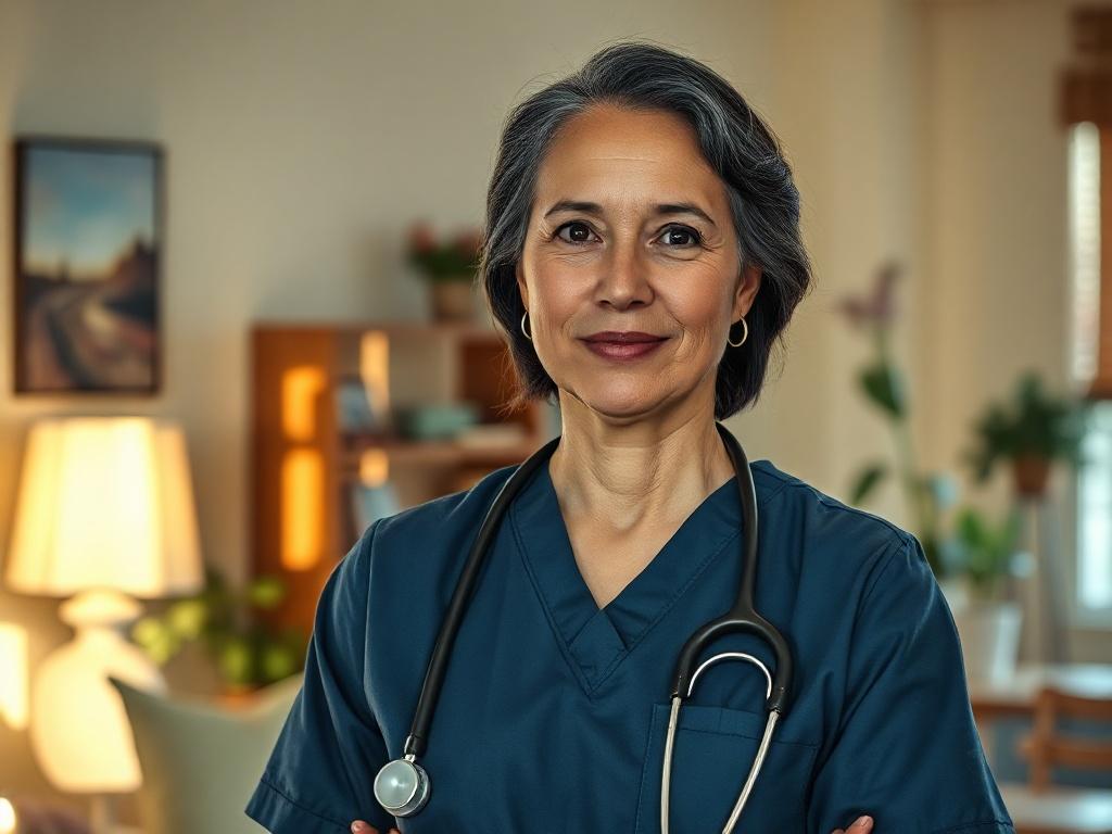 Create a hyper-realistic high-resolution photo of a seasoned healthcare professional, such as a clinical nurse or medical expert, standing confidently in a well-lit nursing home environment. The subject should be framed in a close-up shot with soft, natural lighting that highlights their expression of compassion and dedication. The nurse should be dressed in scrubs, showcasing professionalism, and have a stethoscope draped around their neck. 

In the background, subtly incorporate elements of a nursing home
