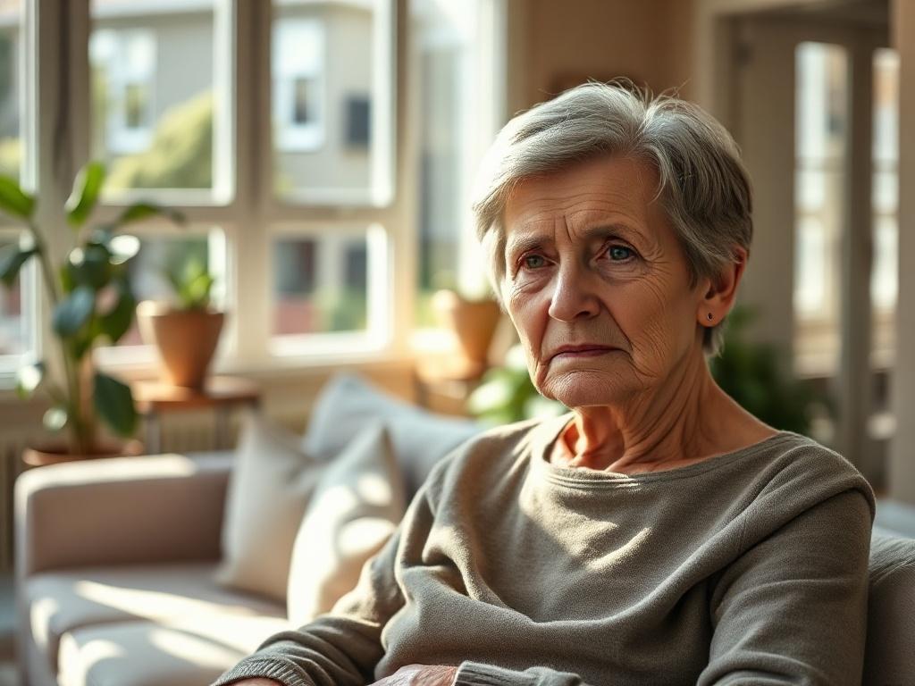 Create a realistic high-resolution photo that captures the theme of “Elopement Risks in Assisted Living: Balancing Independence and Unsupervised Liability.” The composition should be simple and clear, featuring a single elderly individual - a woman - who appears concerned while sitting in an assisted living facility. She has short gray hair and is wearing comfortable yet stylish clothing. Her expression should convey a sense of worry or contemplation, symbolizing the risks associated with elopement. 

The b