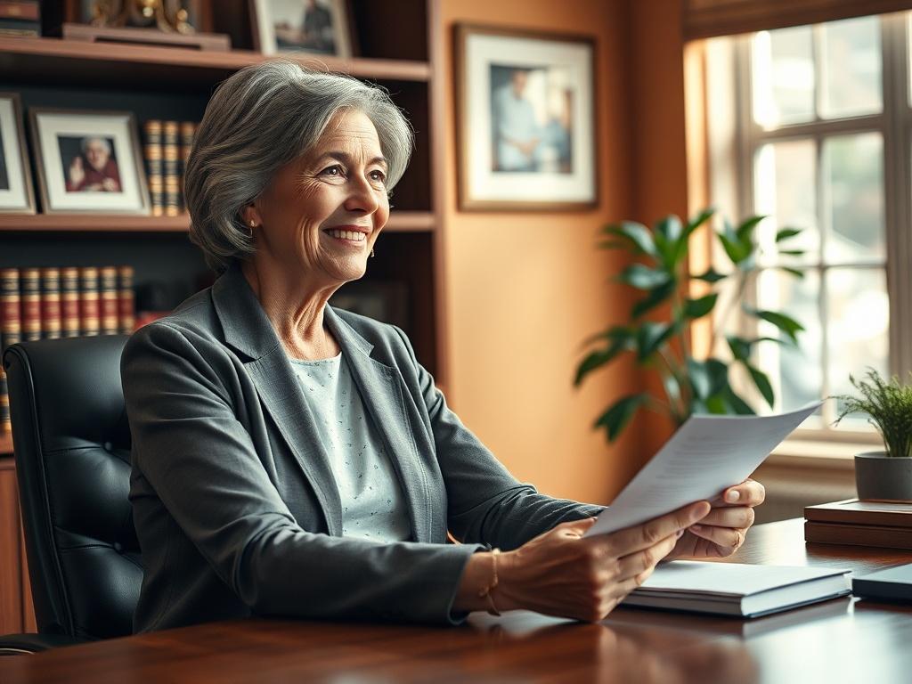 Create a realistic high-resolution photo that captures the essence of elder advocacy and its impact on legal strategy in senior care litigation. The main subject should be a compassionate elder advocate, a middle-aged woman, sitting at a wooden desk in a warm, inviting office setting. She should be engaged in thoughtful discussion, holding a document in one hand, while her other hand gestures expressively. 

The background should feature warm tones, embodying a sense of reliability and professionalism. Incl