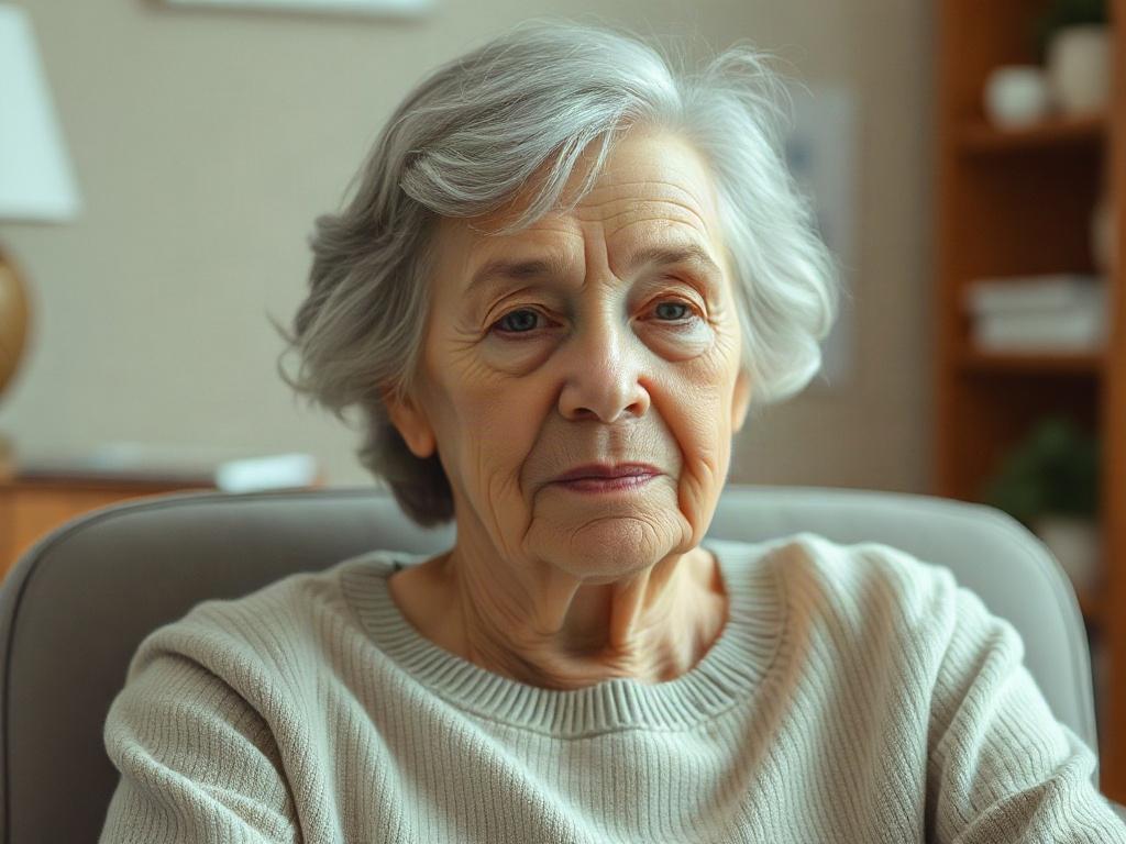 **AI Image Generation Prompt:**

Create a realistic high-resolution photo featuring a single subject that embodies the concept of "Silent Dehydration vs. End-Stage Decline." The central focus should be an elderly person, ideally a woman, sitting on a chair in a softly lit room. She appears tranquil but visibly frail, with dry, slightly cracked lips and sunken cheeks, suggesting the effects of dehydration. 

The background should be blurred to emphasize the individual's expression and condition, avoiding dis