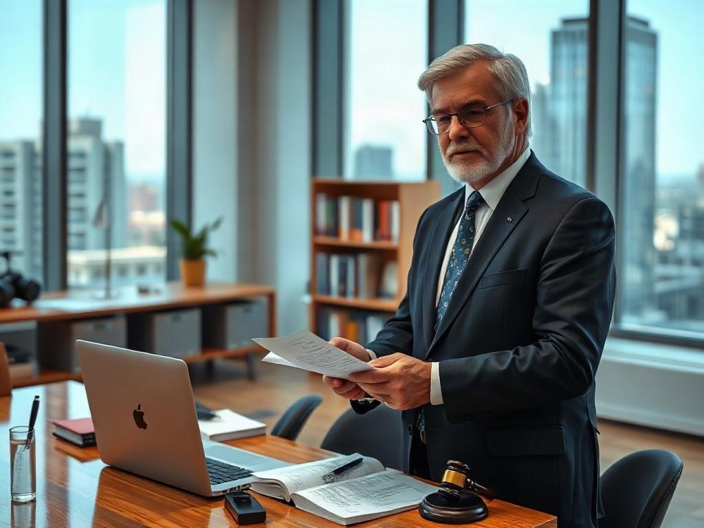 **AI Image Generation Prompt:**

Create a realistic high-resolution photo depicting a confident, middle-aged attorney standing in a well-lit, modern office space. The attorney should be focused intently on reviewing legal documents, with a clear expression of concentration. The setting should feature a sleek desk with a few legal books and a laptop open beside a notepad filled with handwritten notes. In the background, include a large window that lets in natural light, revealing a blurred cityscape to conve