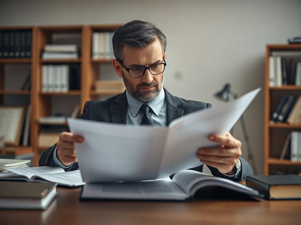 Create a highly detailed, realistic high-resolution photo that embodies the theme of "State Staffing Laws Fill the Federal Void: The New Patchwork Every Litigator Needs to Map." Focus on a single subject: a seasoned litigator deep in thought, reviewing a complex legal document. 

**Composition Details:**
- Center the litigator in the frame, positioned at a modern, minimalist desk, with the document spread out before them.
- Ensure the litigator is dressed in professional attire, conveying expertise and auth