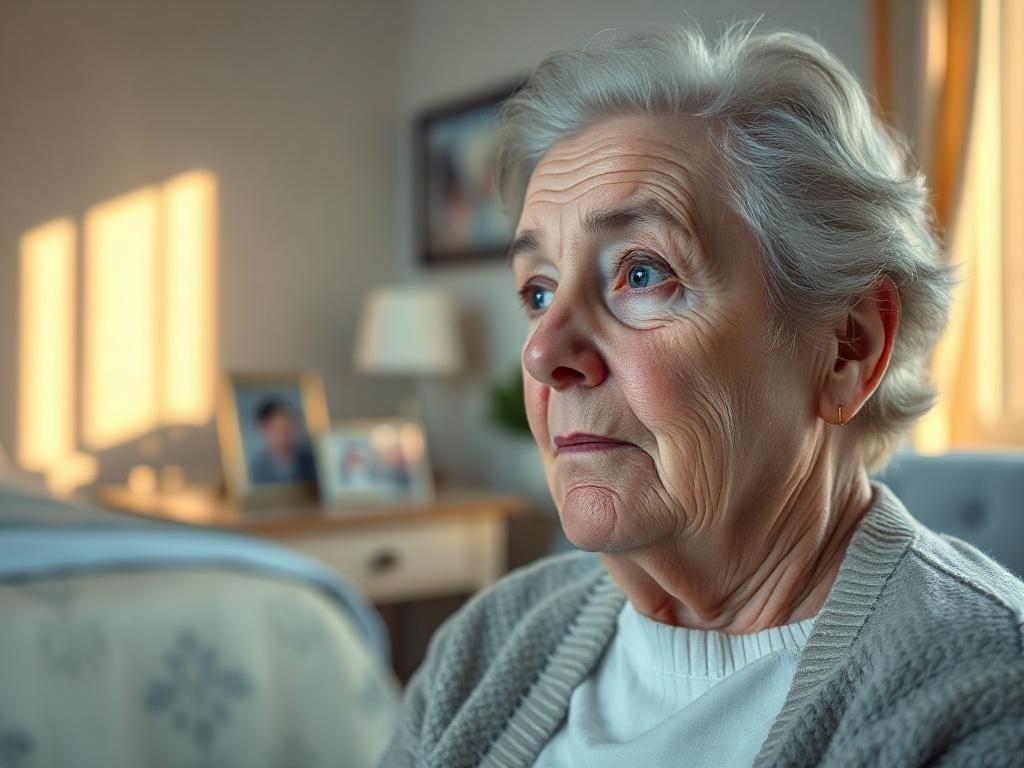Create a realistic high-resolution portrait of an elderly woman in a nursing home setting. The subject should be the woman, seen from a close-up perspective, capturing her thoughtful expression as she looks slightly away from the camera. Her face should reflect wisdom and experience, with gentle wrinkles highlighting her features. Dress her in a cozy, soft cardigan to evoke warmth and comfort.

In the background, include a softly blurred interior of a nursing home room, featuring a neatly made bed with ligh