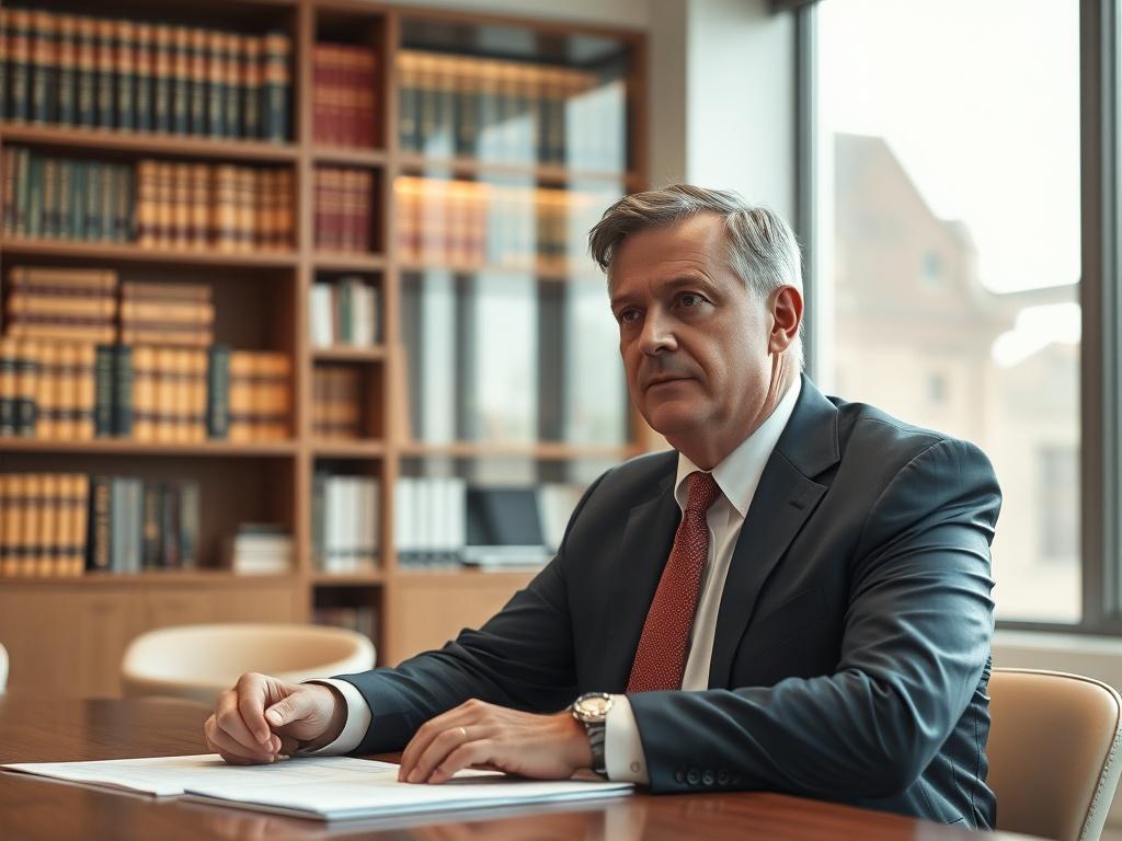 Create a realistic high-resolution photo focusing on a seasoned legal expert witness sitting at a conference table in a well-lit, professional office setting. The subject is a middle-aged Caucasian man wearing a tailored navy suit, looking thoughtful as he reviews documents related to elder care cases. His expression conveys a sense of responsibility and expertise. 

In the background, place a large bookshelf filled with legal texts and healthcare manuals, emphasizing the connection between law and elder ca
