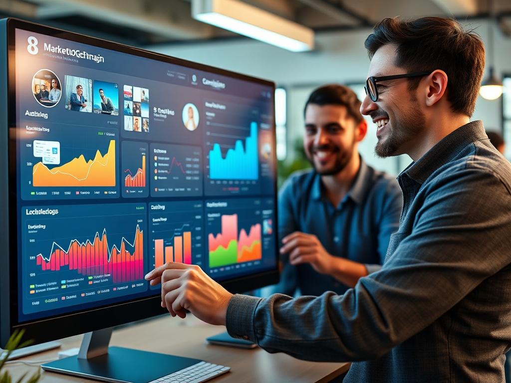 An engaging visual of a marketing manager overseeing a UGC campaign dashboard, featuring vibrant analytics and user submissions. The manager is smiling and collaborating with a team, showcasing the excitement of campaign management. The background hints at a creative workspace, underlining the synergy between UGC and business growth.