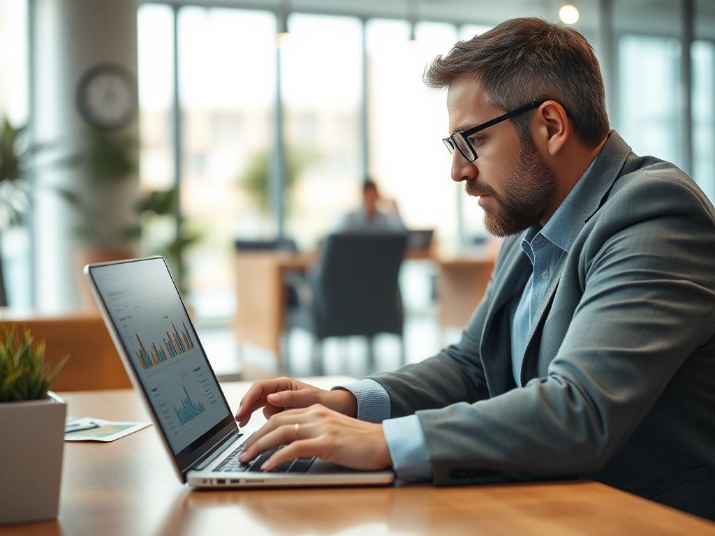 A close-up shot of a marketing consultant analyzing a user-generated content strategy on a laptop, with graphs and visuals displayed on the screen. The consultant is focused and engaged, surrounded by a modern office environment with a bright, inviting atmosphere. The image captures the essence of collaboration and strategy development, showcasing the importance of user-generated content in marketing.