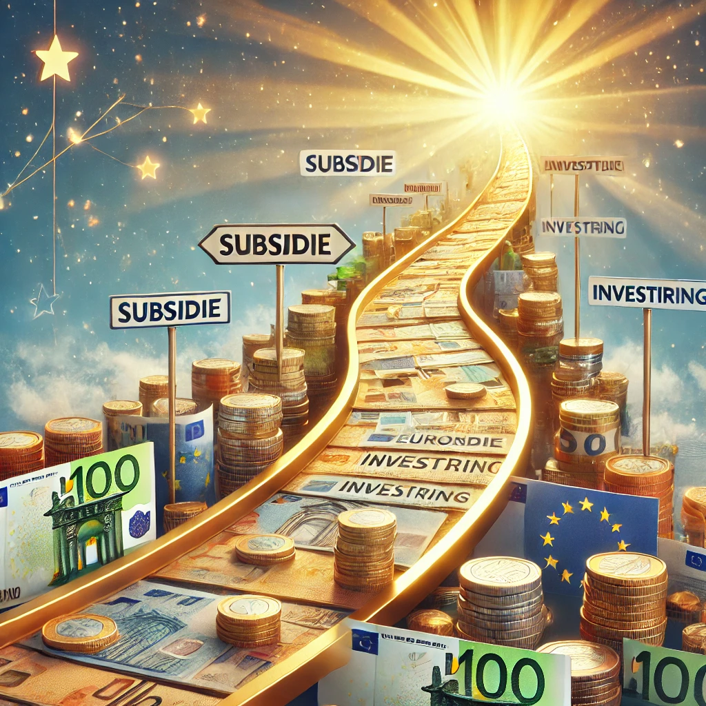 dall·e 2025-02-24 17.55.05 - een creatieve en symbolische afbeelding van financiële ondersteuning bij subsidie- en investeringsaanvragen. een gouden pad leidt naar een schatkist g.webp