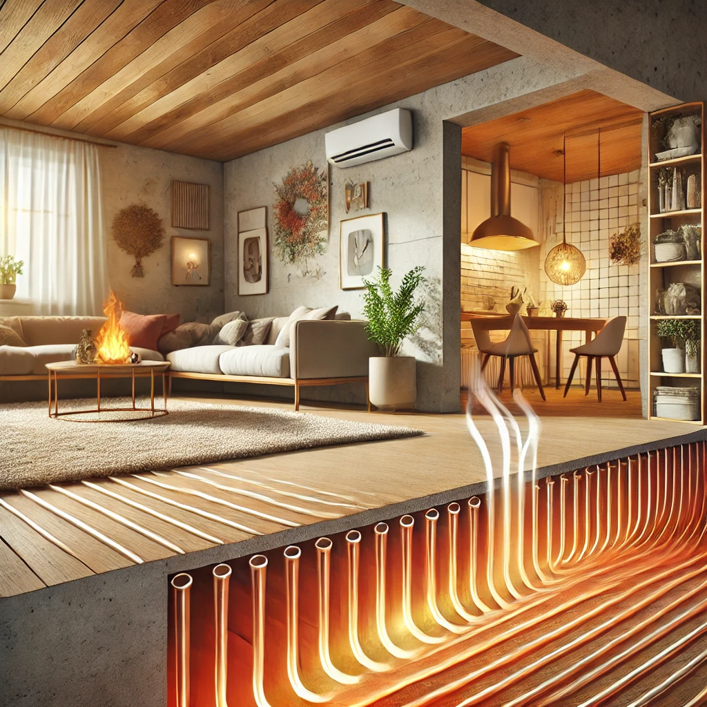 dall·e 2024-11-26 16.43.08 - a creative illustration of an underfloor heating system in a cross-sectional view. show heating pipes installed beneath the floor in a modern home, wi.webp