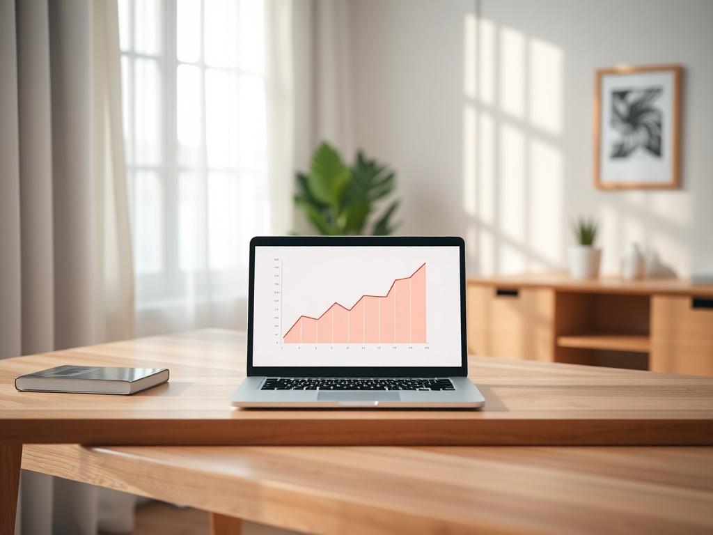 Create a realistic high-resolution image that visually represents the title “Maximizing Income with AI Tools.” The composition of the image should be simple and clear, featuring a solitary subject: a modern laptop placed on a clean, minimalistic wooden desk. The laptop screen should display a vibrant graph showing an upward trend, symbolizing increased income and growth. 

In the background, include soft-focus elements such as a cozy, well-lit home office setting, featuring neutral-colored walls and a decor