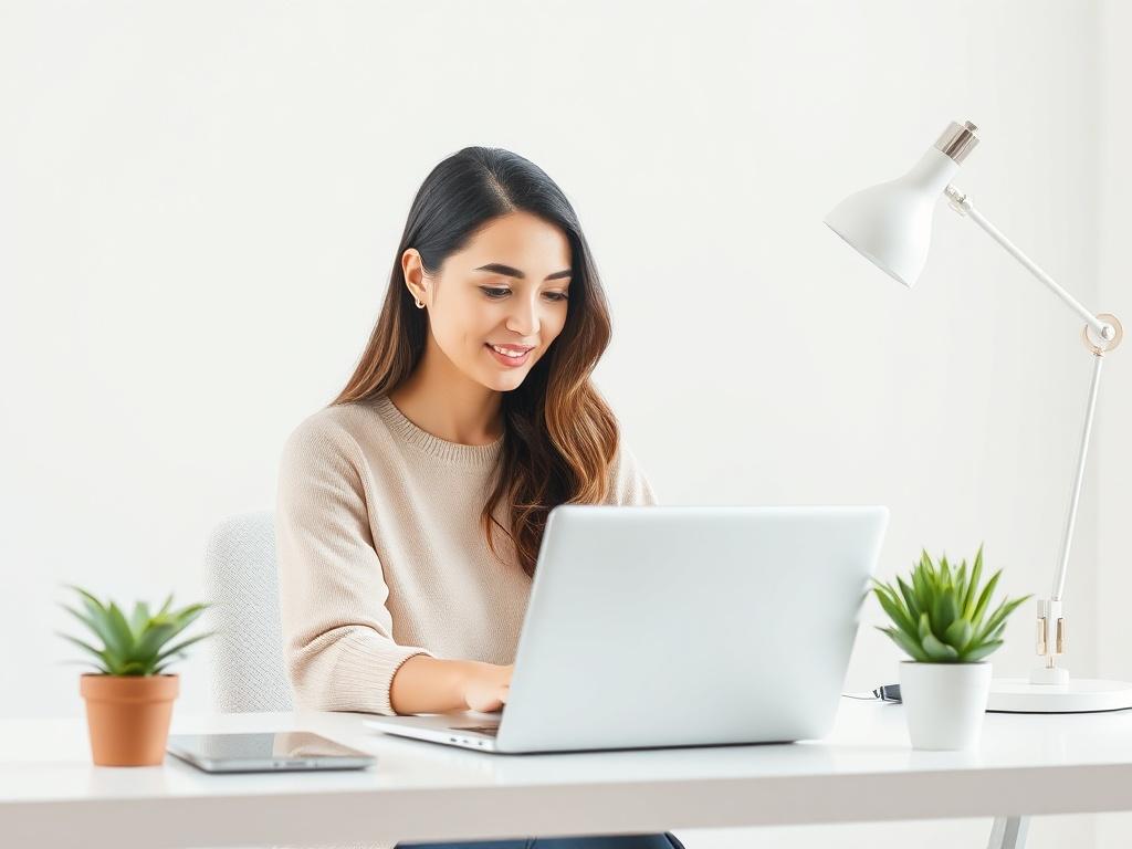 **Prompt for AI Image Generation:**

Create a realistic high-resolution image that embodies the theme of "Maximizing Your Earnings with AI Tools." The composition should be clean and minimalistic, featuring a single focal subject: a young adult woman sitting at a modern workspace, intently using a laptop. Her expression should convey concentration and enthusiasm, reflecting her engagement with AI tools to boost her online income.

The background should remain soft and neutral, with elements such as potted p