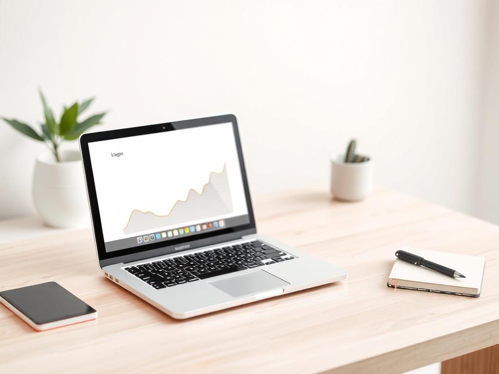 A clean, minimalistic workspace featuring a laptop on a light