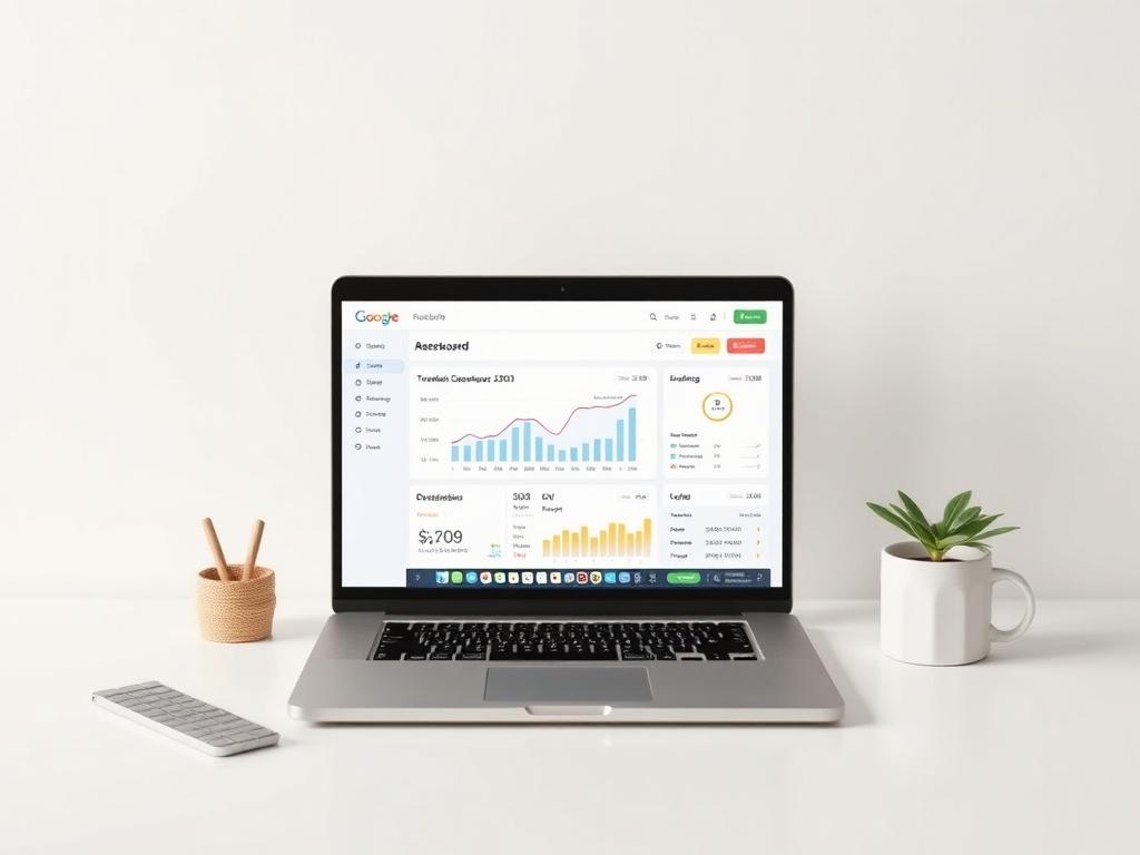 A clean, minimalist workspace featuring a single laptop open to