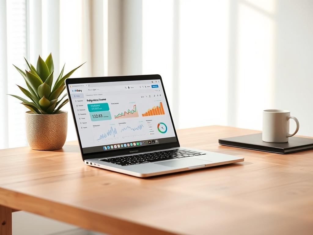 **Prompt for AI Image Generator:**

Create a realistic high-resolution image that embodies the theme of "Harnessing AI for Passive Income." The composition should be simple and clear, featuring a single subject: a modern laptop with an elegant design, open and displaying a dashboard of AI tools. 

The laptop should rest on a minimalistic wooden desk, suggesting a workspace conducive to productivity. The screen should show vibrant graphs and analytics representing growth and revenue, symbolizing the concept 