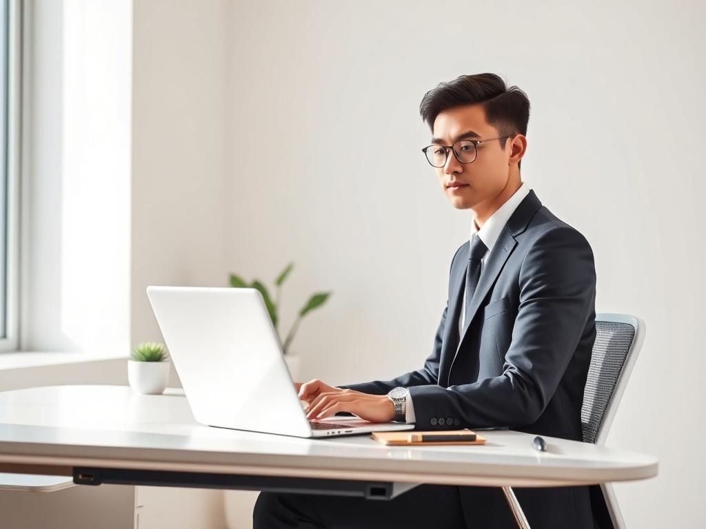 Create a realistic, high-resolution photo that embodies the theme "Making Money with AI Tools." The primary subject should be an individual, a young professional in business attire, sitting at a sleek, modern desk while actively working on a laptop. The person should have an expression of focus and determination, showcasing their engagement with the task at hand. 

The background should be minimalistic and uncluttered, featuring a soft, neutral color palette to evoke a calm and professional atmosphere. Incl