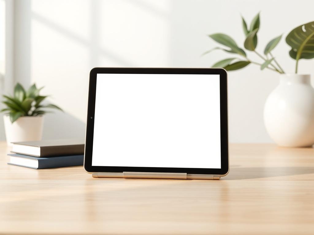 An aesthetically pleasing image of a digital product, such as a beautifully designed template displayed on a tablet, in a bright, inviting workspace with soft colors and clean lines.