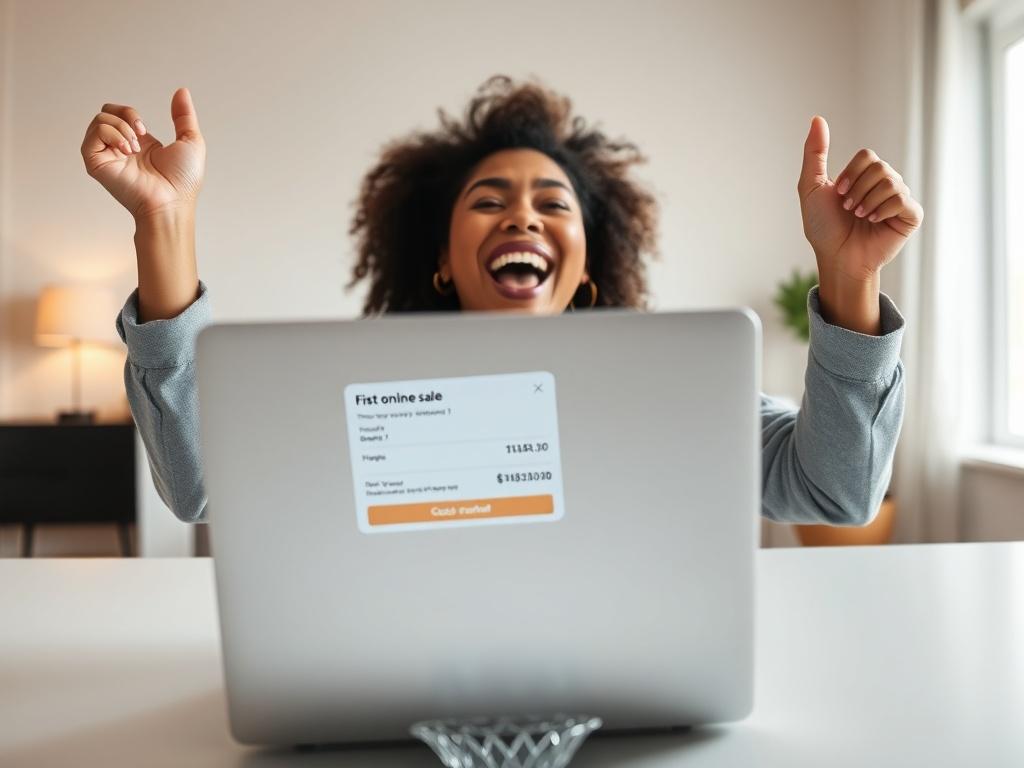An inspiring image of a person celebrating their first online sale, with a laptop open showing a successful transaction. The surrounding atmosphere should be bright and uplifting, reflecting success and excitement.