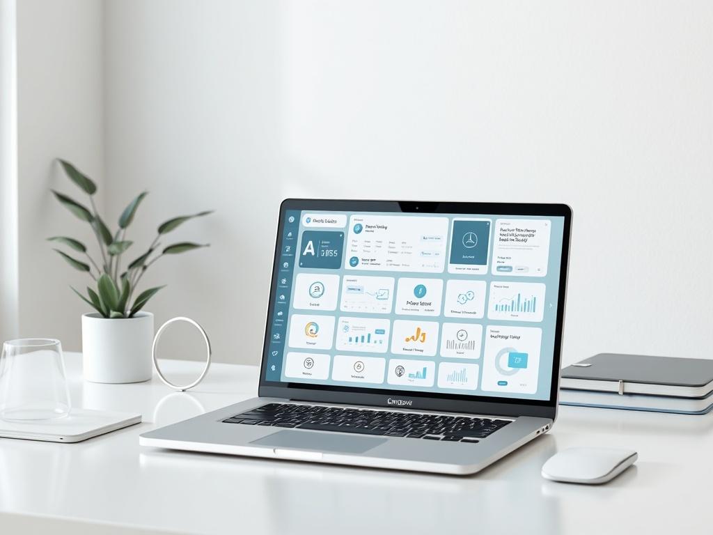 A clean, modern workspace with a laptop open displaying various AI tools and applications on the screen. The environment should be minimalistic with soft neutral colors and ample whitespace, emphasizing a calm and organized setting.