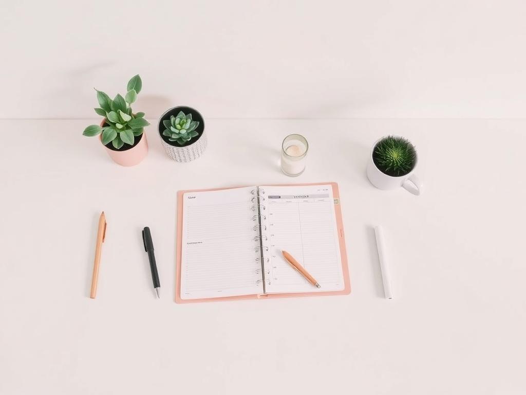 A serene image of a neatly organized workspace featuring a planner, a laptop, and AI productivity tools. The setting should emphasize calmness and efficiency with soft neutral tones and minimal distractions.