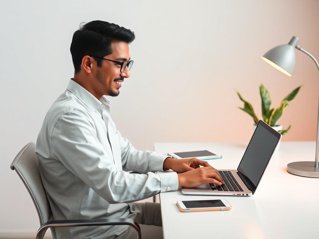 **Prompt for AI Image Generator:**

Create a realistic high-resolution photo reflecting a blog titled "Using AI Tools for Income Generation." The composition should be simple and clear, featuring a single subject: a person sitting at a sleek, modern workspace. The individual is focused, typing on a laptop, with a slight smile, embodying a sense of productivity and optimism about generating income through AI tools.

The background should be minimalistic, showcasing a light, neutral color palette with soft ac