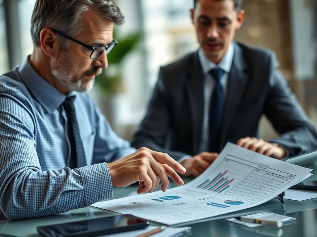 A close-up shot of a professional consultant discussing tax strategies with a client in a well-lit office setting. The consultant is pointing at a tax document on the desk, showcasing graphs and numbers. The background is softly blurred to emphasize the interaction, creating a sense of focus and engagement. The primary color in the image is rgb(3, 125, 201).