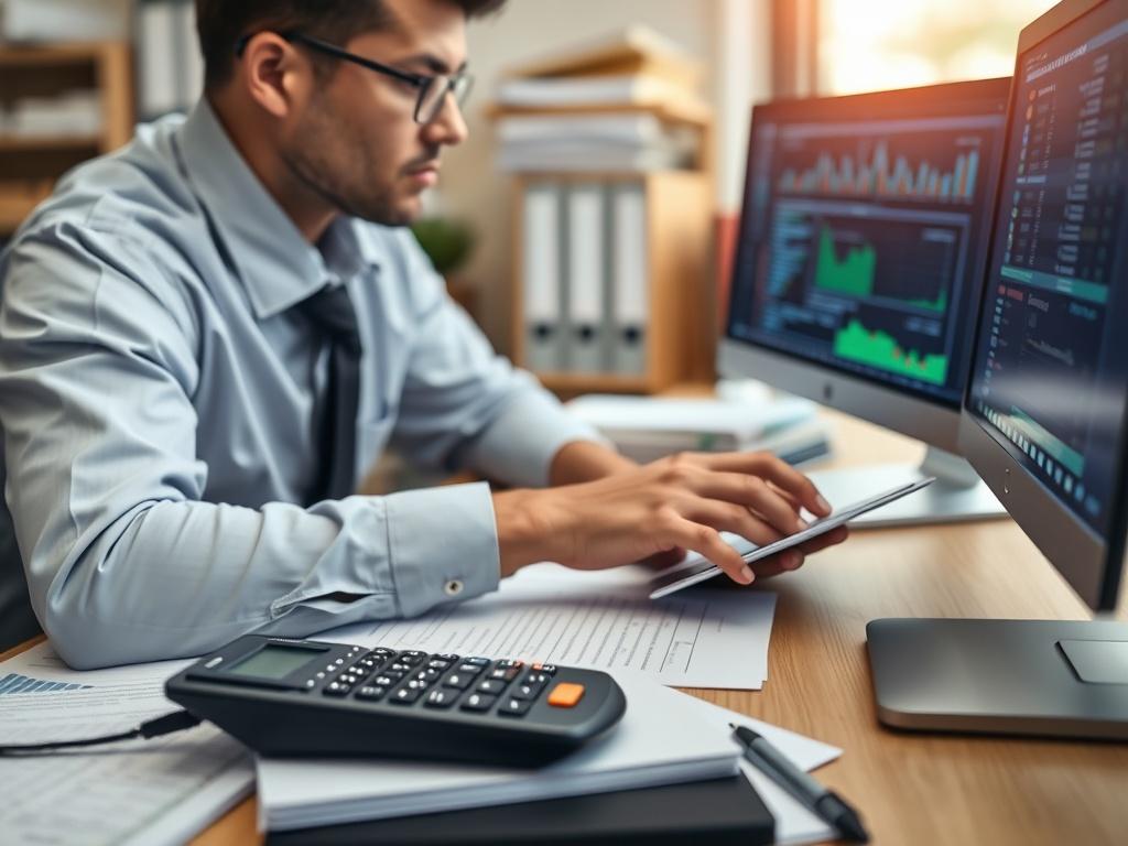 A close-up shot of a bookkeeper working diligently at a desk, surrounded by financial documents and a calculator. The bookkeeper is reviewing data on a computer screen, exuding professionalism and concentration. The background is blurred to keep the focus on the subject and the workspace. The primary color in the image is rgb(3, 125, 201).