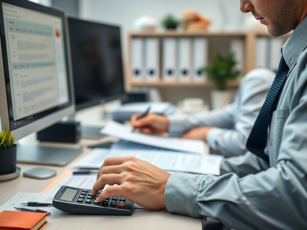 A close-up shot of an accountant meticulously preparing tax documents in a well-organized office space, including a computer, calculator, and paperwork. The background should be softly blurred to maintain focus on the accountant's work. The lighting should be bright and professional, creating an atmosphere of diligence and precision, while subtly incorporating the rgb(3, 125, 201) primary color.