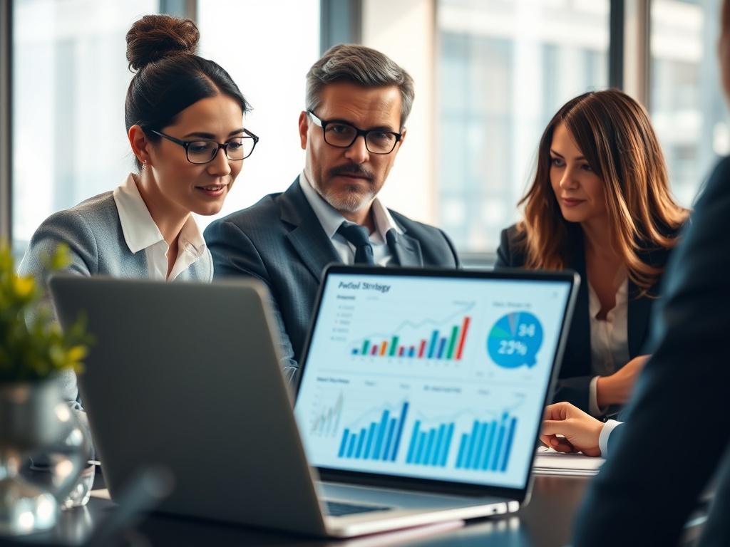 A close-up image of a confident CFO discussing financial strategies with a business team in a modern office setting. The focus should be on the CFO with graphs and charts displayed on a laptop in the foreground. The background should be blurred to maintain attention on the discussion. The lighting should be warm and professional, reflecting a collaborative atmosphere with hints of the rgb(3, 125, 201) primary color.
