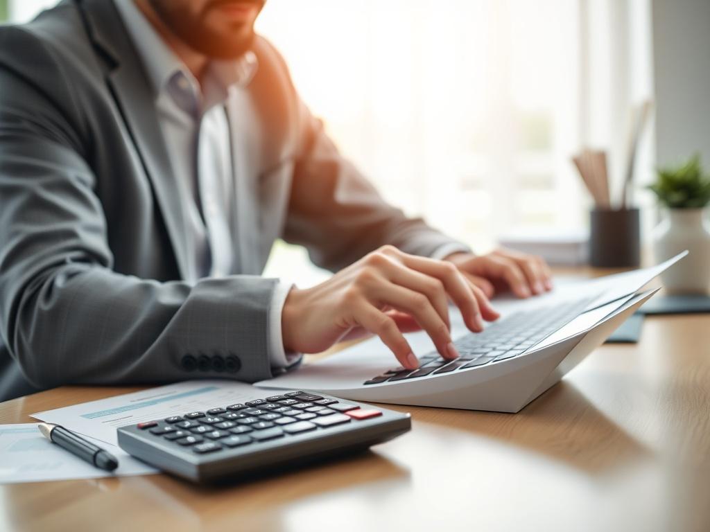 A close-up shot of a professional consultant working with financial documents and a calculator on a desk, showcasing a modern and organized workspace. The background should be softly blurred to keep focus on the consultant and the paperwork. The lighting should be bright and inviting, emphasizing clarity and professionalism. The color scheme should subtly reflect the rgb(3, 125, 201) primary color.