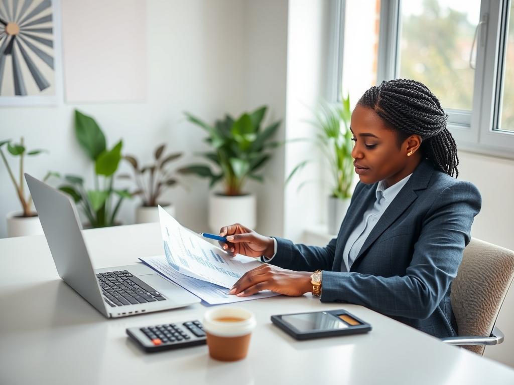 A close-up shot of an African American woman, dressed professionally, sitting at a modern desk with a laptop and financial documents. She is focused on reviewing numbers on a spreadsheet, with a calculator and a cup of coffee beside her. The background features a light, airy office space with plants and a window allowing natural light to pour in. The composition is simple and clear, highlighting her concentration and professionalism.