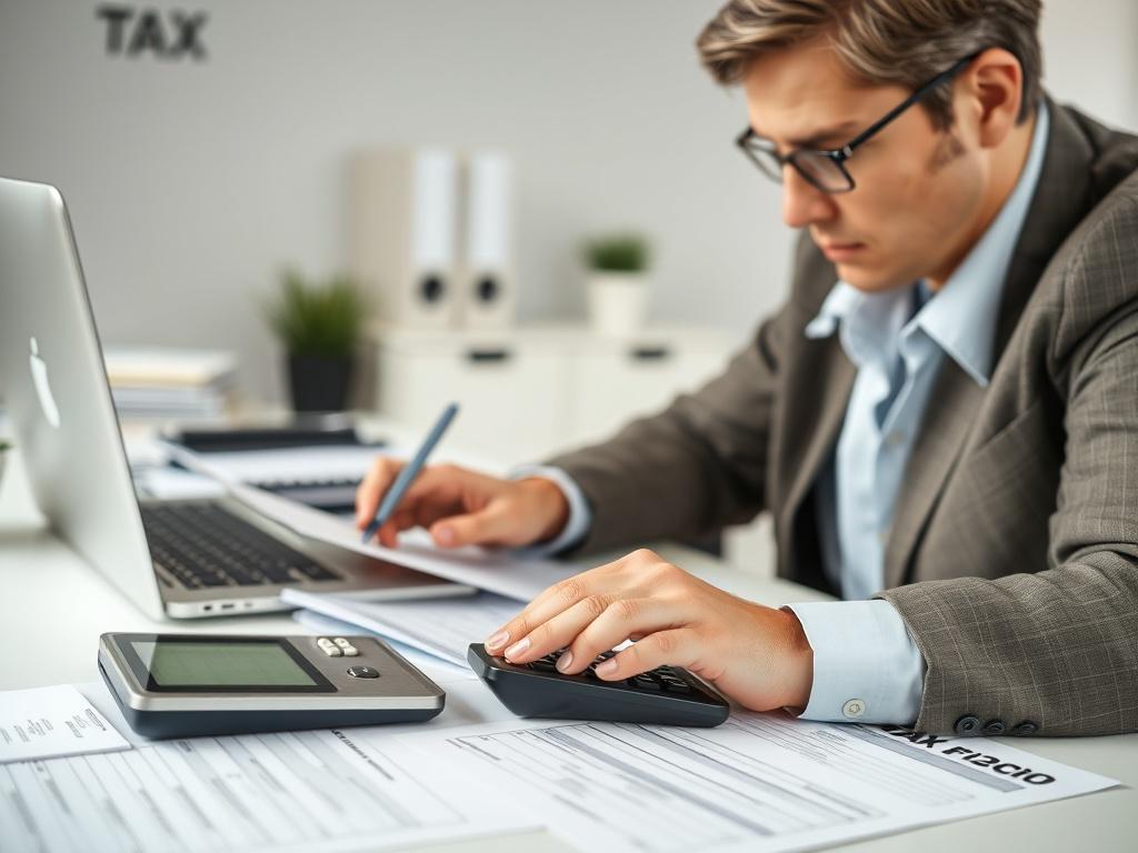 A close-up shot of a tax professional working diligently at a desk, surrounded by tax forms, a calculator, and a laptop. The setting is well-lit, showcasing a clean and organized workspace. The subject is focused and engaged in the task, wearing professional attire. The background is softly blurred to emphasize the subject while keeping the overall composition simple and clear.