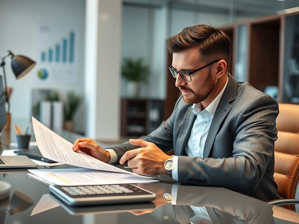 A close-up shot of a professional consultant sitting at a sleek desk, analyzing tax documents with a calculator in hand. The background features a tidy office environment with a subtle hint of financial charts and graphs. The image is captured in high-resolution with a 45mm f/1.2 lens style, ensuring a sharp and clear focus on the consultant.