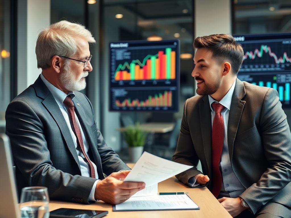 A high-resolution close-up shot of an experienced CFO discussing financial strategies with a business owner. The setting is a modern office, featuring charts and graphs on a digital screen in the background. The image is captured with a 45mm f/1.2 lens style, focusing on the interaction between the two professionals.