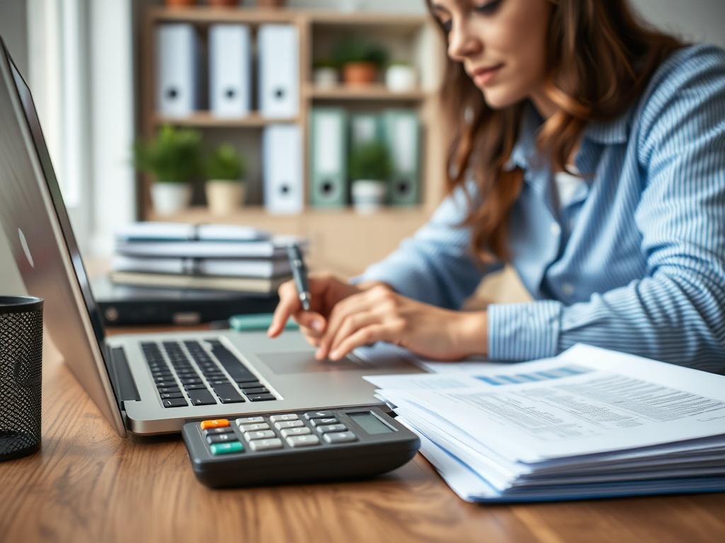 A close-up shot of a professional bookkeeper working diligently on a laptop surrounded by financial documents and a calculator. The background showcases a well-organized office space with a soft focus. The image is captured in high-resolution using a 45mm f/1.2 lens style, emphasizing the attention to detail in the bookkeeping process.