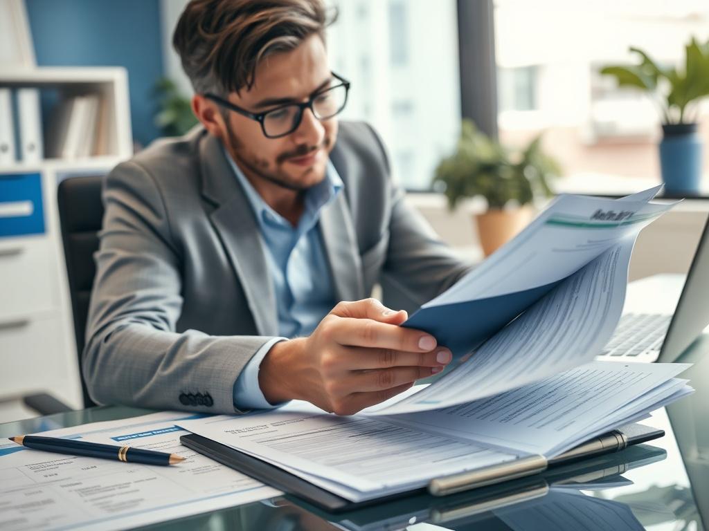 A close-up shot of a professional tax consultant reviewing documents with a calculator in hand. The consultant is seated at a modern desk with neatly organized tax forms and a laptop open in the background. The office has a clean, professional look, with soft lighting highlighting the consultant’s focused expression. The color scheme includes accents of blue, reflecting the rgb(3, 125, 201) primary color.
