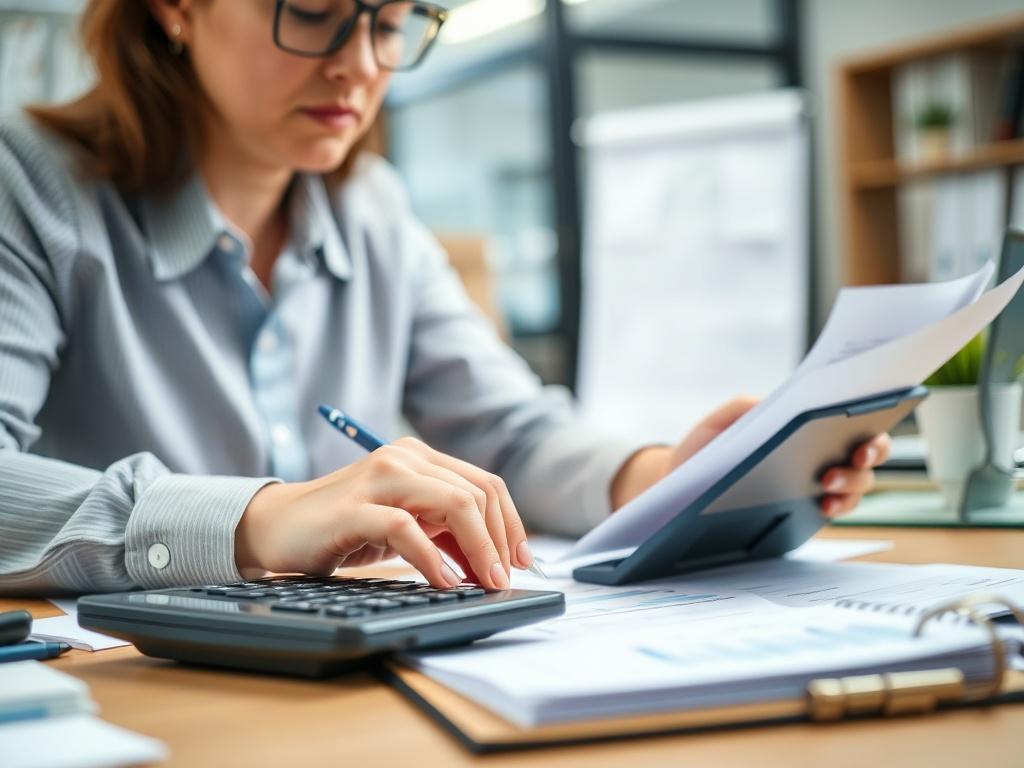 A close-up shot of a bookkeeper reviewing financial statements at a desk with a calculator and notepad. The setting should be bright and organized, capturing the essence of professionalism and accuracy. The background should be softly blurred to highlight the bookkeeper's focused expression, taken with a 45mm f/1.2 lens style.