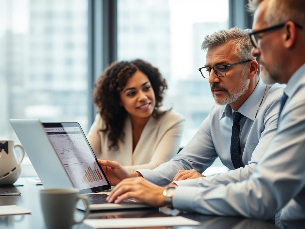 A close-up shot of a financial advisor discussing strategies with a business owner in a modern office setting. The focus should be on a spreadsheet displayed on a laptop, with both individuals engaged in conversation. The background should be softly blurred to emphasize the interaction, captured with a 45mm f/1.2 lens style.