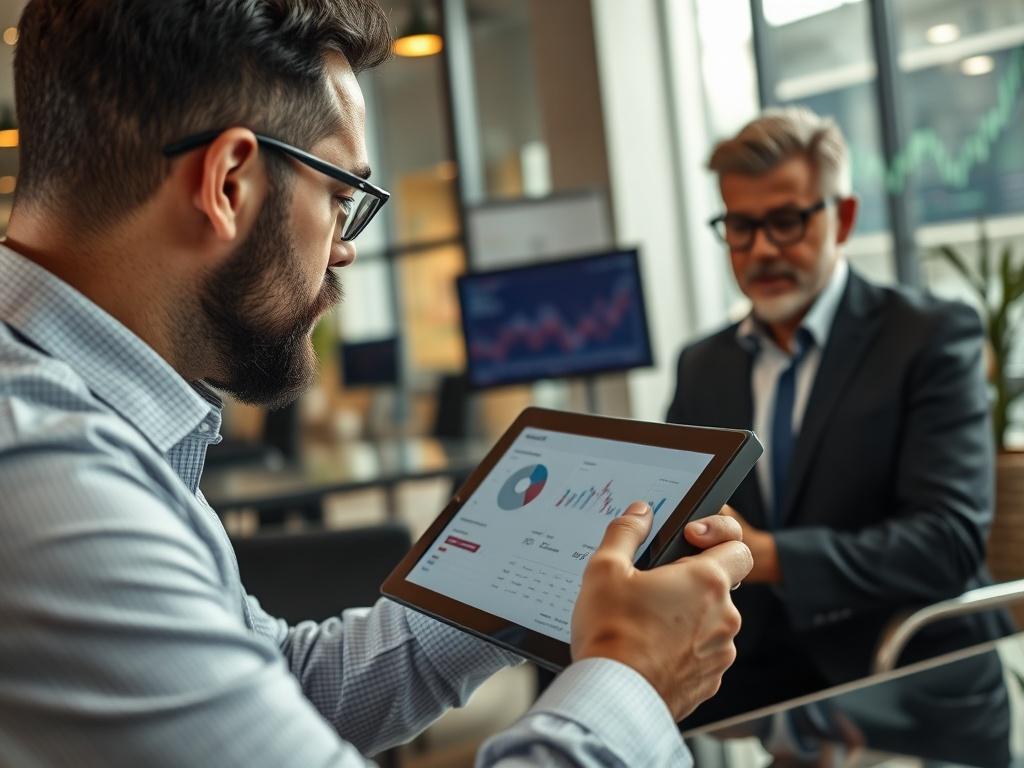 A close-up of a professional CFO engaging in a video call with a business owner. The CFO is reviewing financial reports on a tablet while discussing strategies. The background shows a modern office with financial graphs and a vibrant atmosphere. The image should be hyper-realistic, captured with a 45mm f/1.2 lens to emphasize the interaction and details.