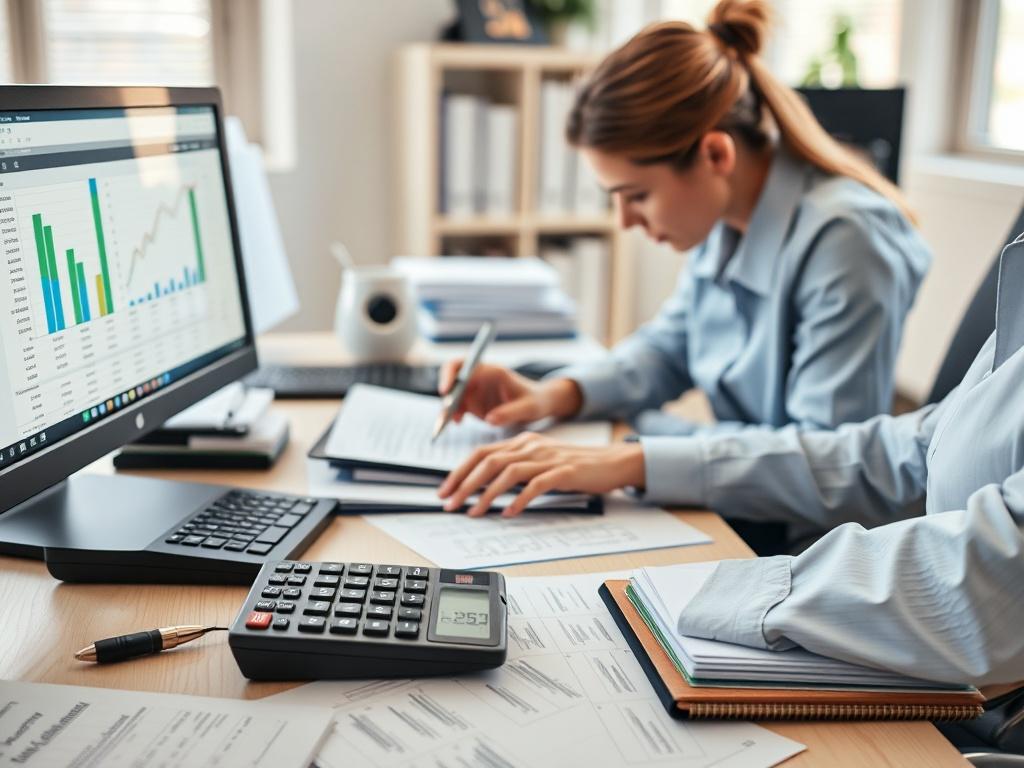 A close-up shot of a bookkeeper working diligently at a desk with spreadsheets and a calculator. The bookkeeper is focused on entering data into accounting software, surrounded by neatly organized documents. The setting is bright and professional, creating an atmosphere of efficiency and accuracy. The image should be hyper-realistic, shot with a 45mm f/1.2 lens to highlight the bookkeeper and their work.