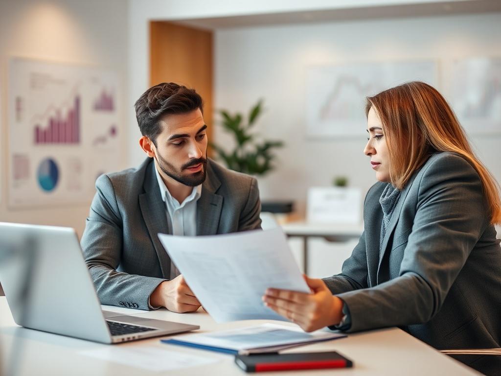 A close-up shot of a tax consultant working with a client in a modern office setting. The consultant is analyzing financial documents and discussing tax strategies with the client. The background features a clean desk with a laptop, financial charts, and a warm, inviting atmosphere. The image should have a hyper-realistic style, utilizing a 45mm f/1.2 lens to create a soft depth of field that highlights the interaction.