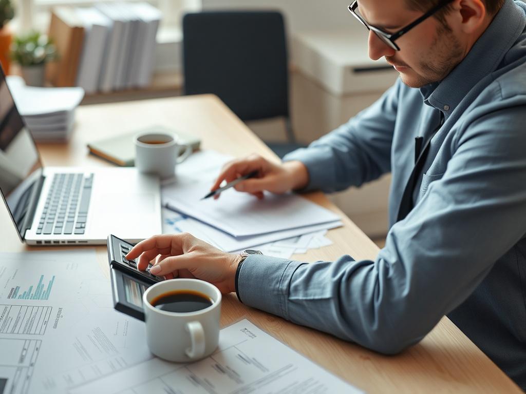 A close-up shot of a bookkeeper working diligently at a desk filled with financial documents and a laptop. The image captures the bookkeeper in concentration, with a calculator in hand and a cup of coffee beside them. The setting is bright and organized, shot with a 45mm f/1.2 lens style.