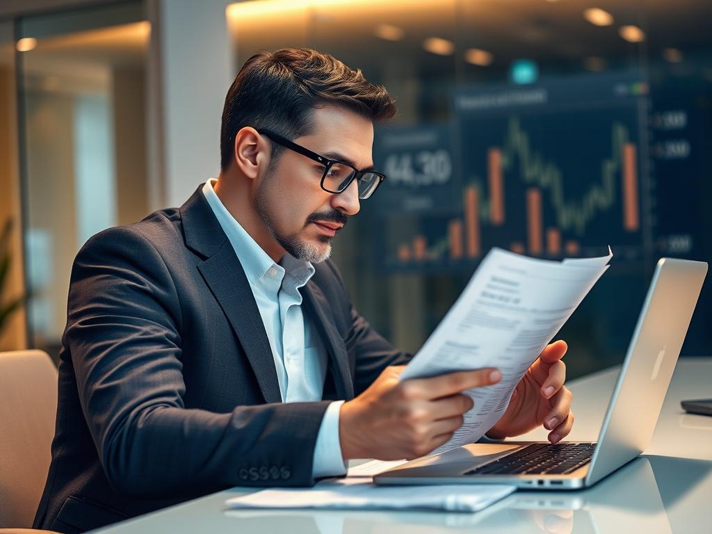 A close-up shot of a professional consultant reviewing tax documents at a sleek modern desk. The consultant has a focused expression, with a laptop and financial charts in the background. The lighting is warm and inviting, creating a professional atmosphere. Shot with a 45mm f/1.2 lens style, capturing fine details.