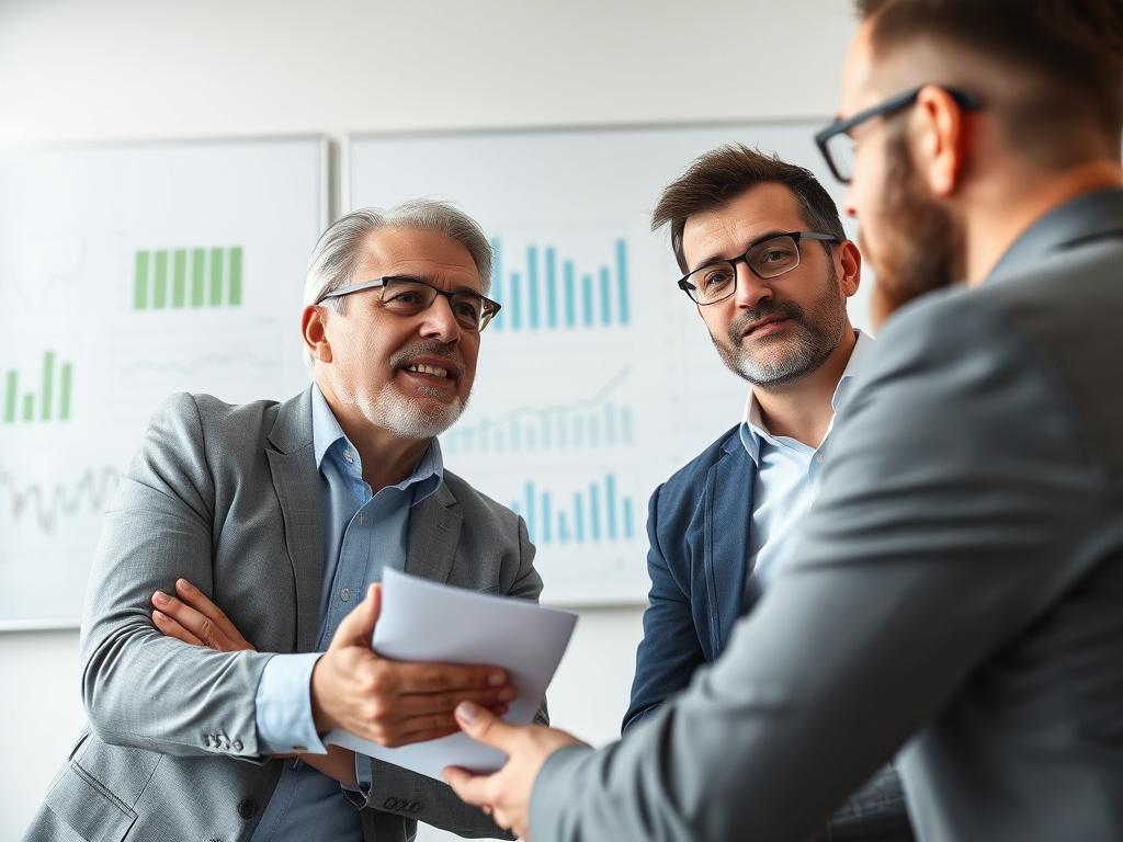 A close-up shot of a confident CFO discussing financial strategies with a small business owner in a modern office setting. The background features a whiteboard with financial graphs and charts. The image conveys collaboration and professionalism, shot with a 45mm f/1.2 lens style.