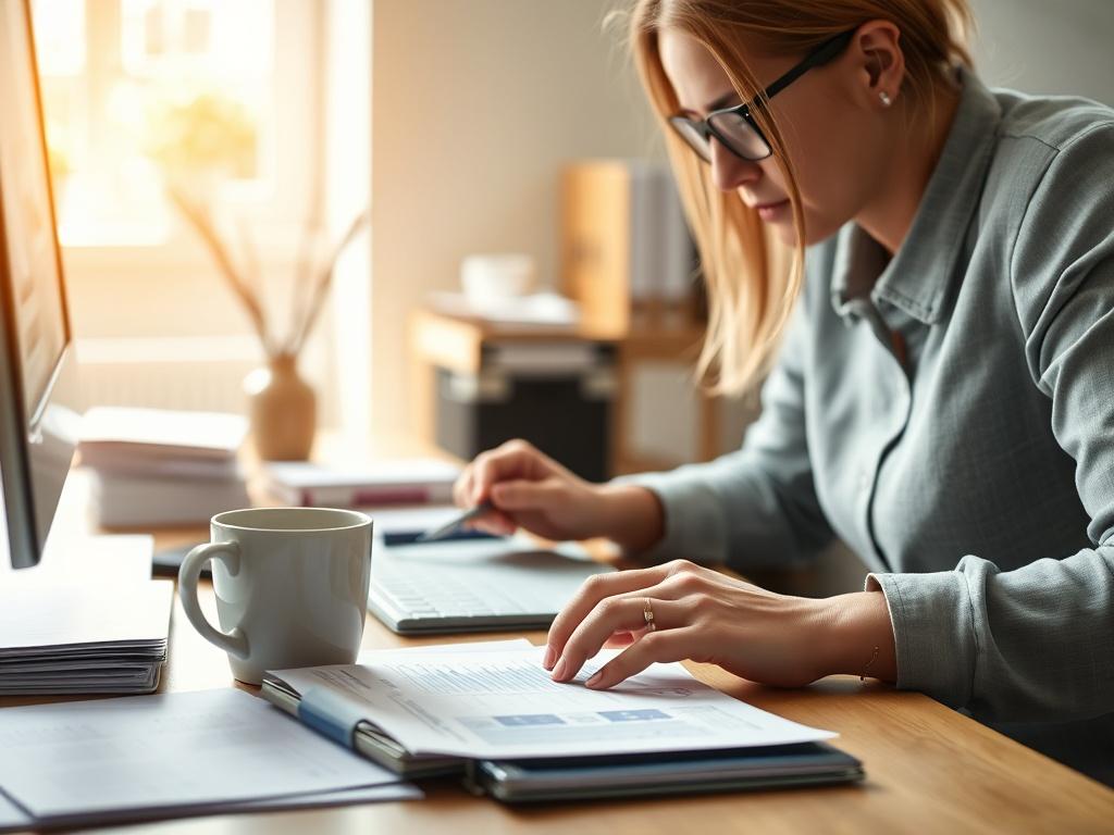 A close-up shot of a bookkeeper diligently entering data into a computer, surrounded by organized financial documents and a coffee cup. The setting is bright and clean, emphasizing a professional workspace. The image should feature elements that incorporate the rgb(3, 125, 201) color scheme.
