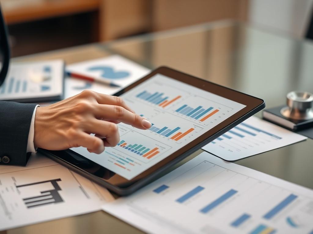 A close-up shot of a financial professional analyzing graphs and charts on a tablet in an elegant office setting. The background features a sleek desk with financial documents spread out. The color palette should align with rgb(3, 125, 201), creating a professional and focused atmosphere.