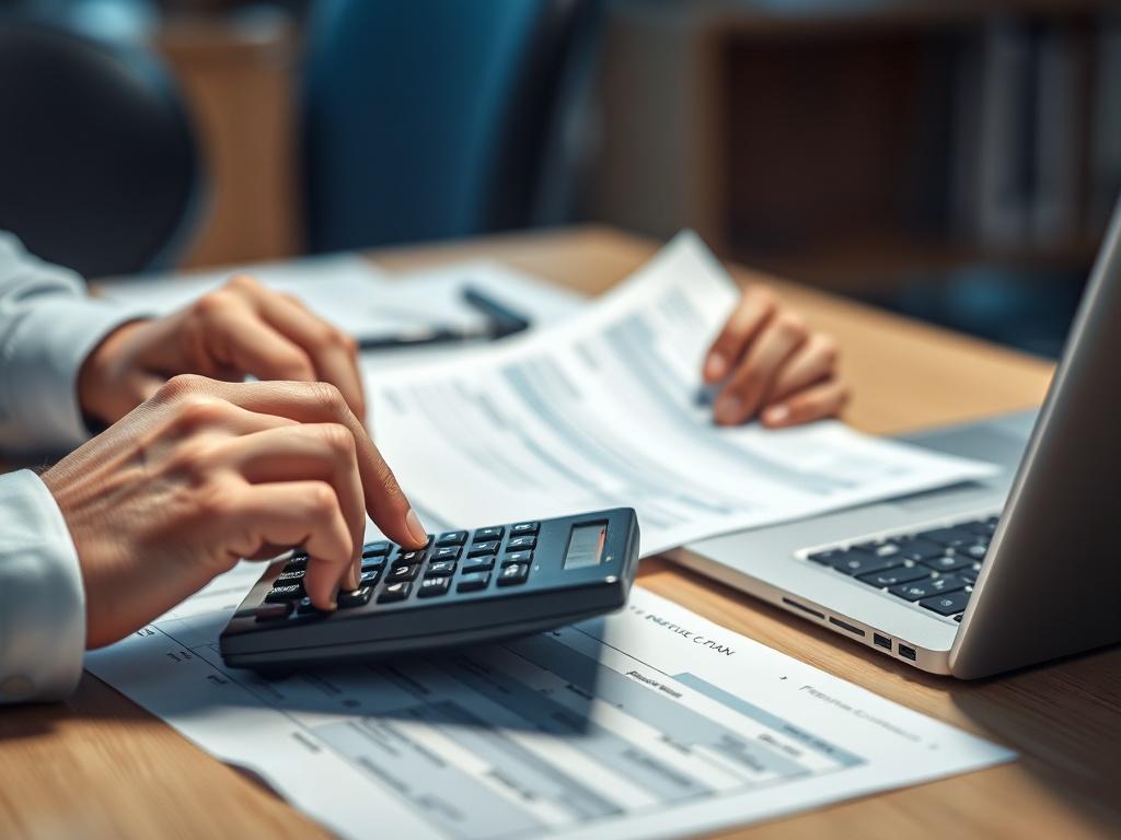 A close-up shot of a professional consultant working on tax documents in a well-lit office environment. The focus is on the consultant's hands as they analyze financial papers, with a calculator and a laptop in the background. The color scheme should include shades of blue to match rgb(3, 125, 201). The image should convey a sense of professionalism and attention to detail.